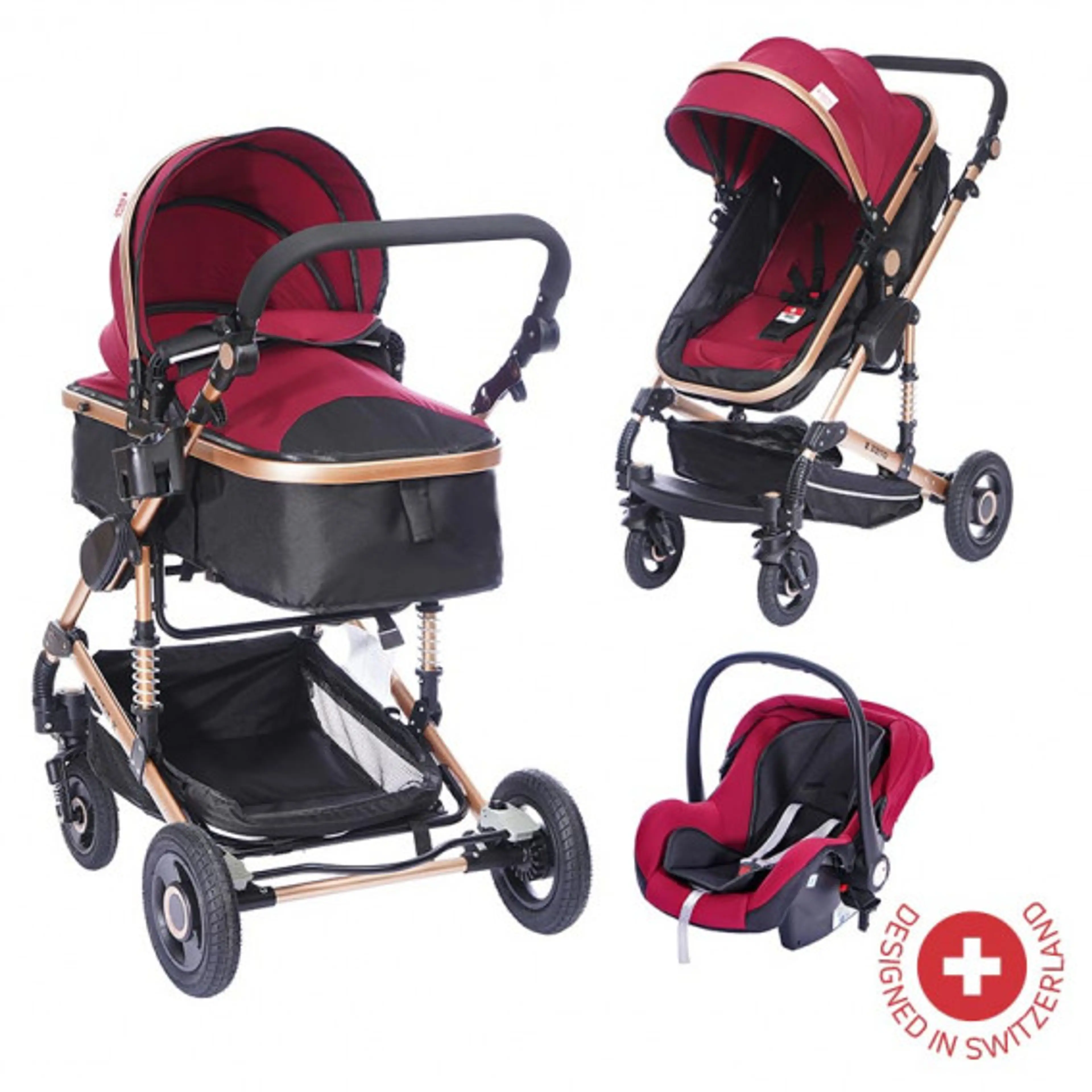 Комбинирана детска количка FONTANA 3 в 1 с швейцарска конструкция и дизайн, червена